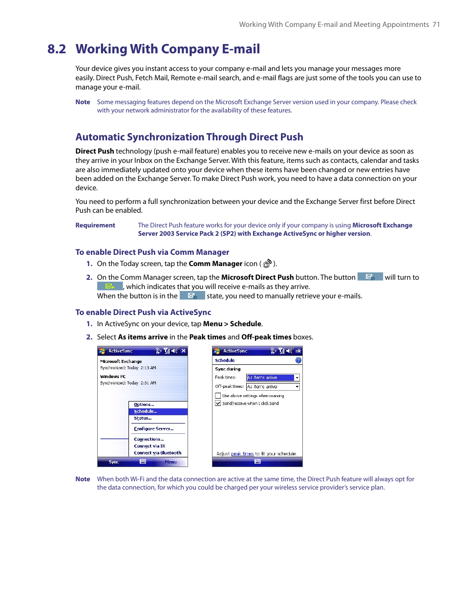 2 working with company e-mail, Automatic synchronization through direct push | HTC PDA Phone User Manual | Page 71 / 144