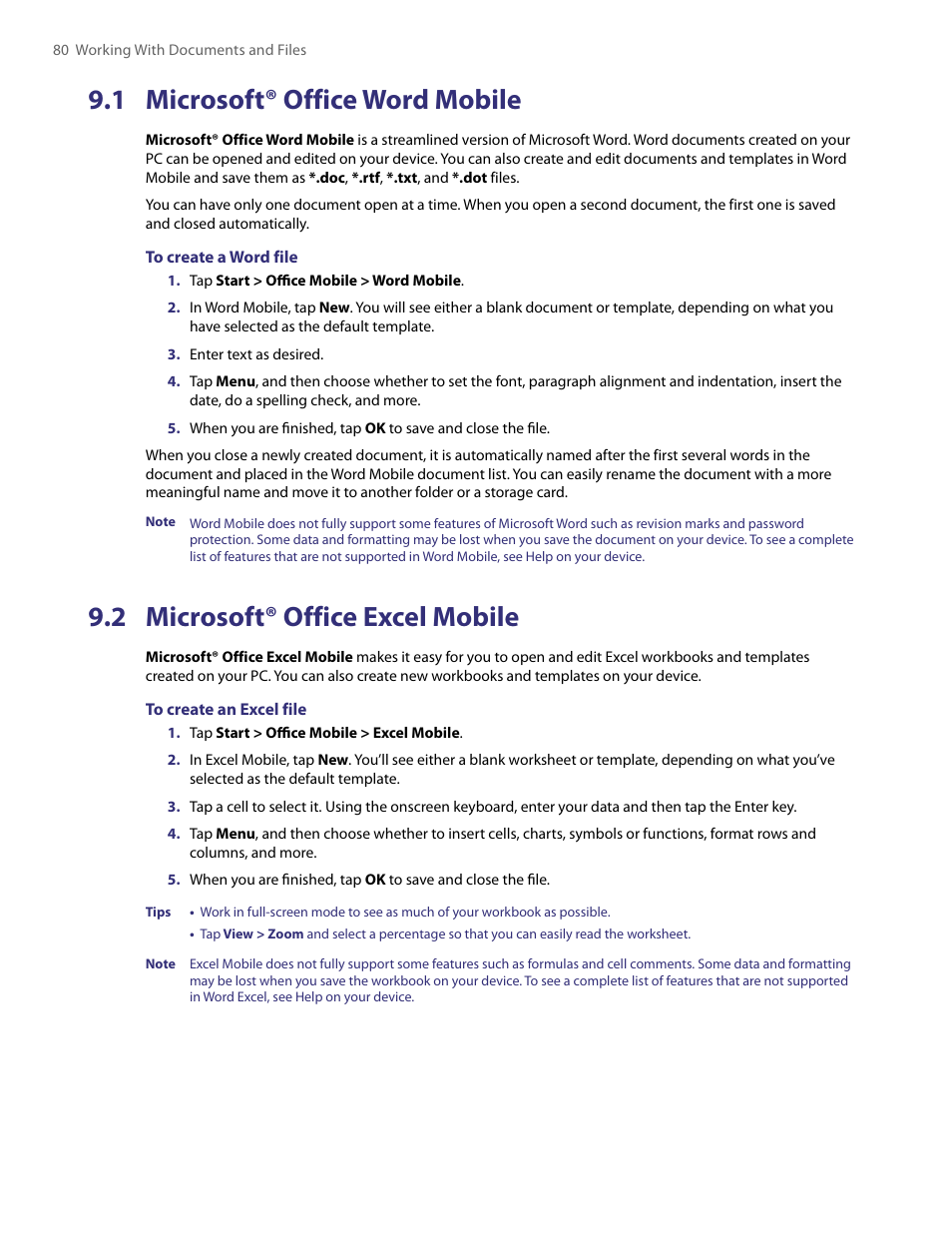 1 microsoft® office word mobile, 2 microsoft® office excel mobile, 1 word mobile | 2 excel mobile | HTC PDA Phone User Manual | Page 80 / 144