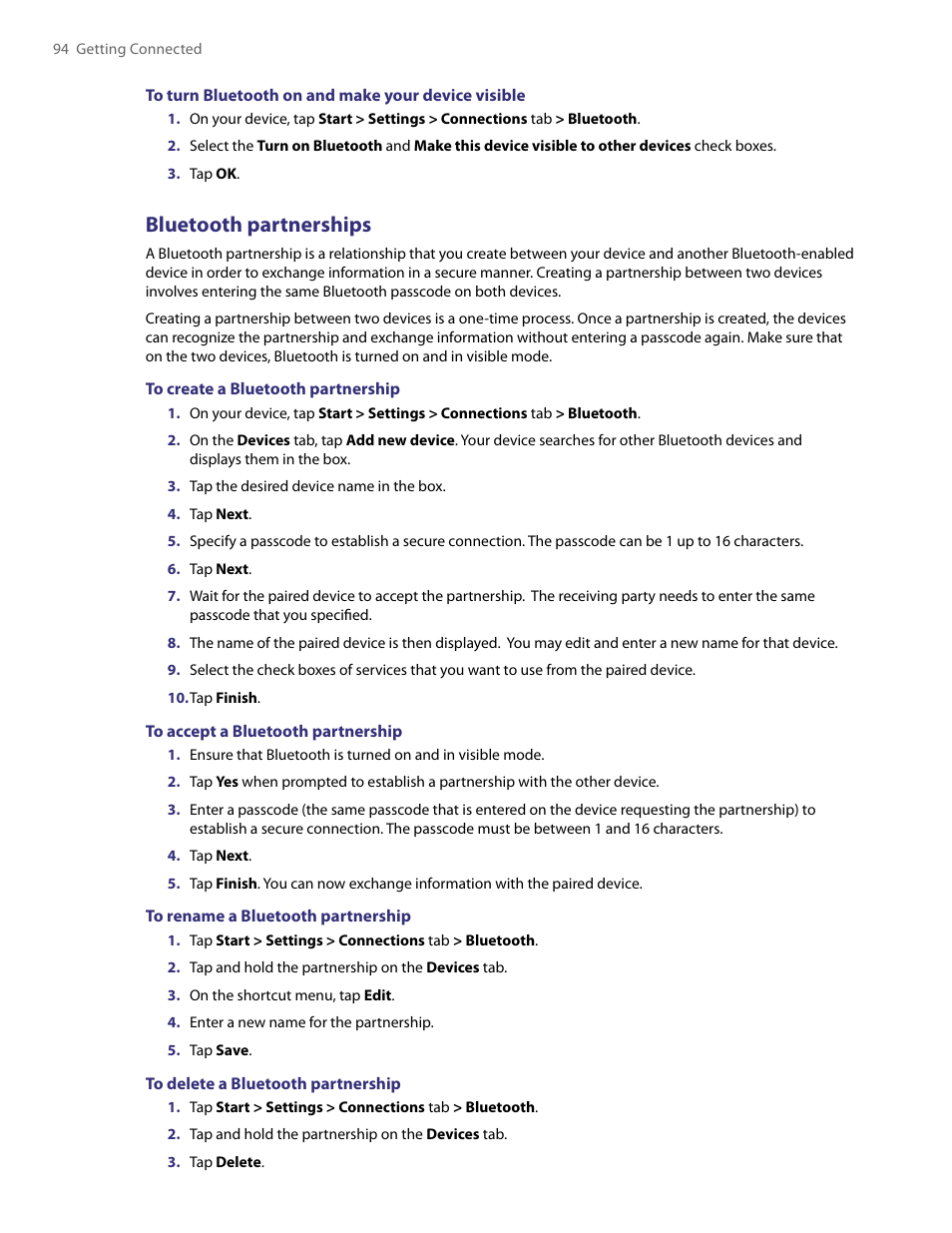 Bluetooth partnerships | HTC PDA Phone User Manual | Page 94 / 144