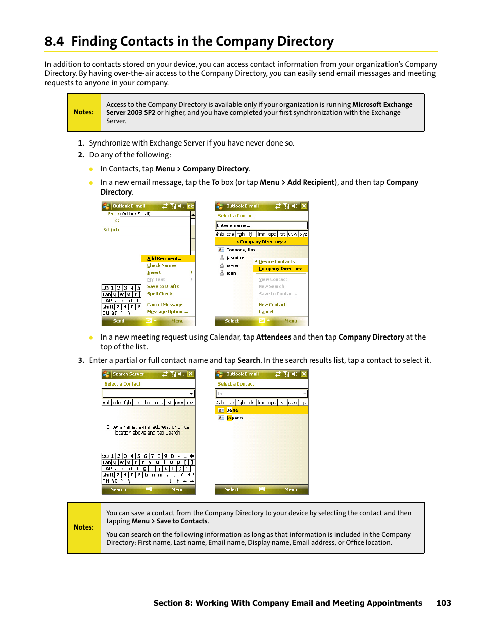 4 finding contacts in the company directory, 5 email security | HTC Mogul User Manual | Page 101 / 188