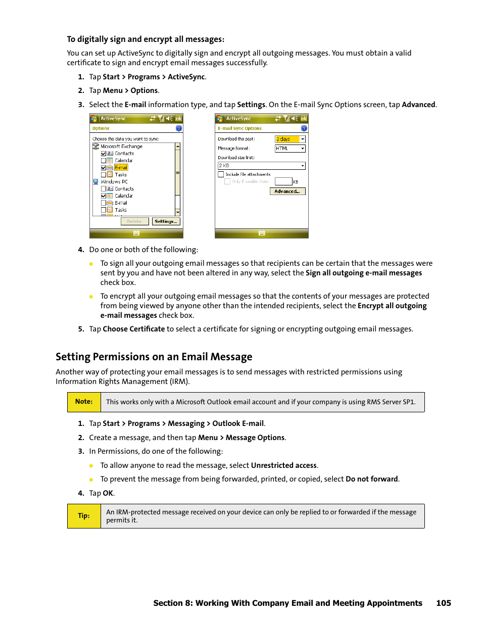 5 email security, Setting permissions on an email message | HTC Mogul User Manual | Page 103 / 188