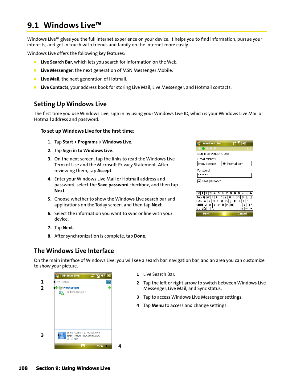 1 windows live, Setting up windows live, The windows live interface | HTC Mogul User Manual | Page 106 / 188