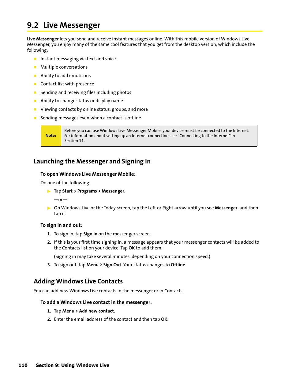 2 live messenger, Launching the messenger and signing in, Adding windows live contacts | HTC Mogul User Manual | Page 108 / 188