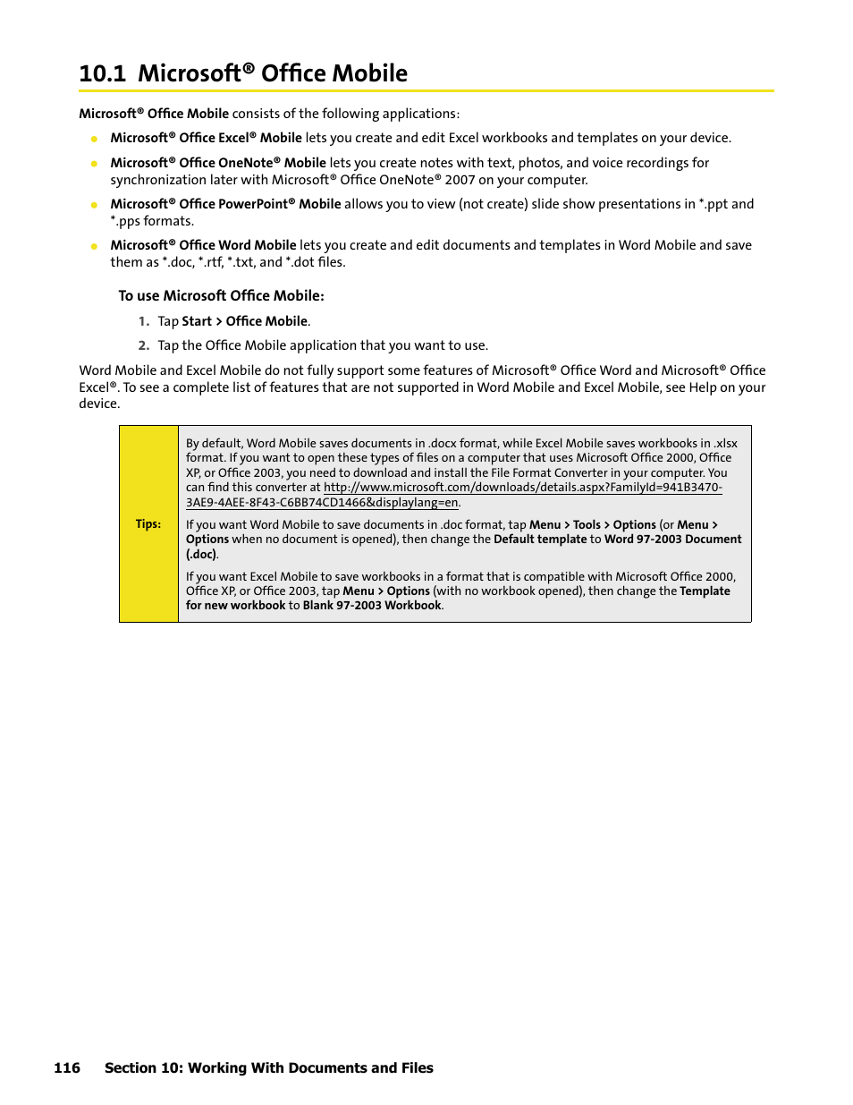 1 microsoft® office mobile, 1 microsoft® ofﬁce mobile | HTC Mogul User Manual | Page 114 / 188