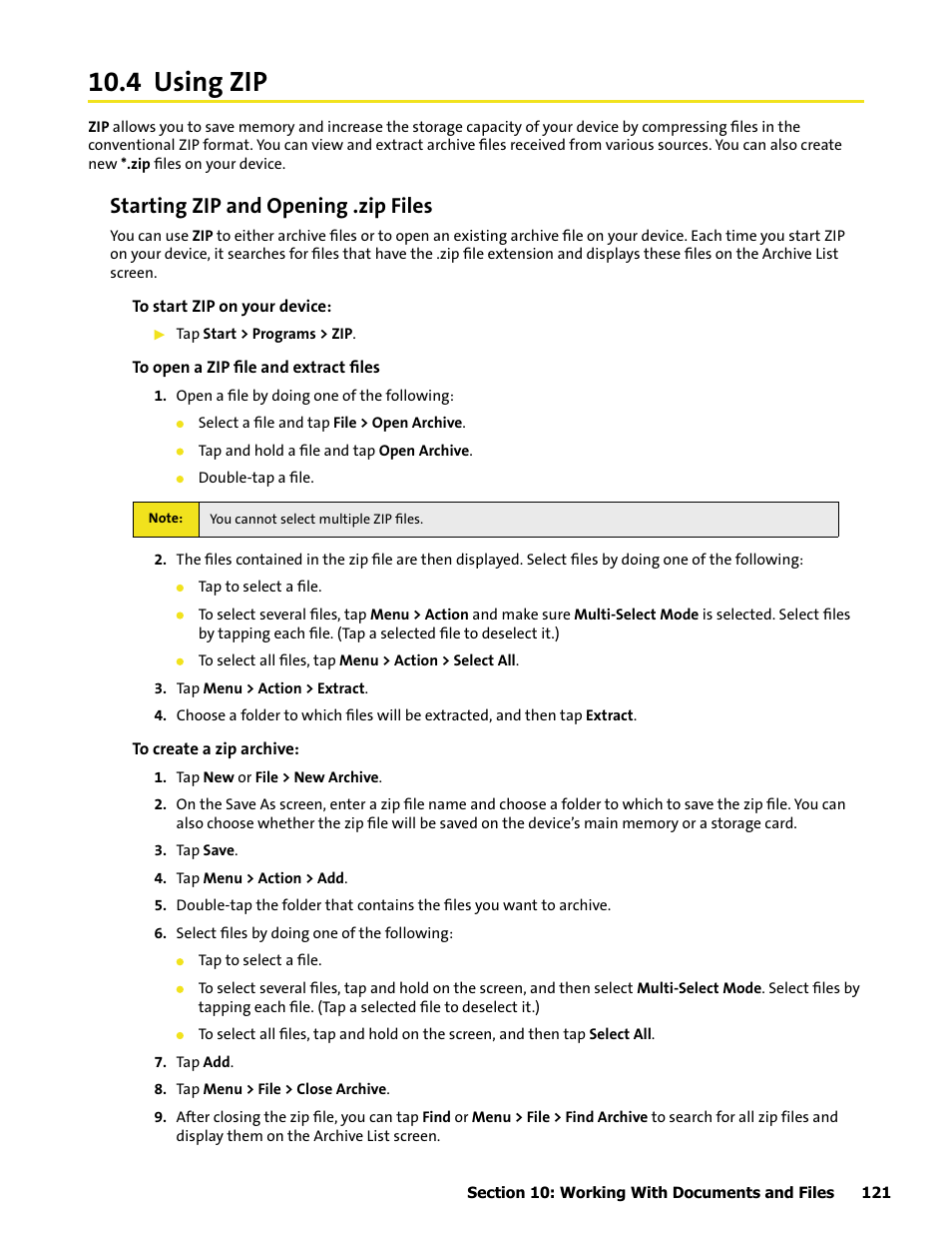 4 using zip, Starting zip and opening .zip files | HTC Mogul User Manual | Page 119 / 188