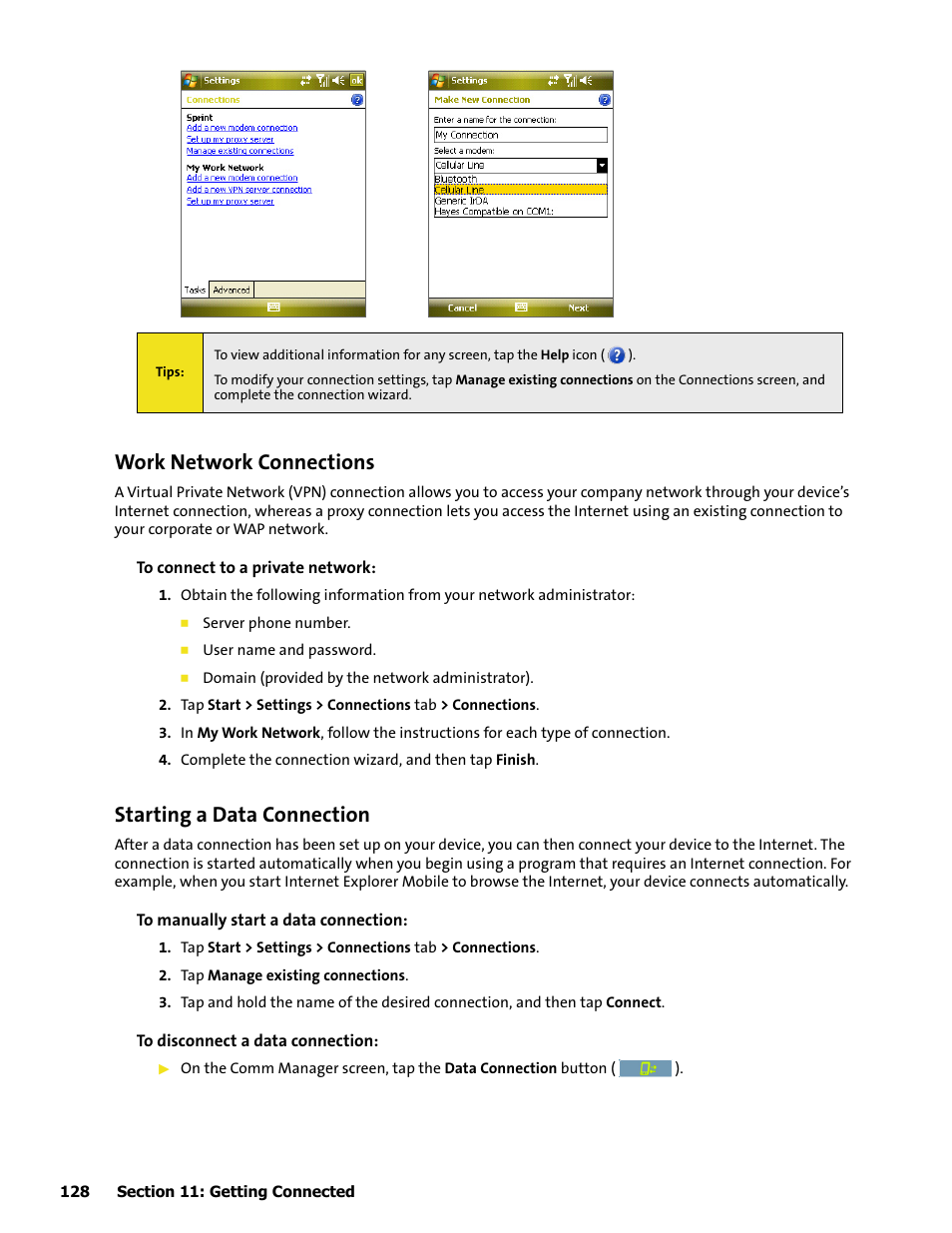 Work network connections, Starting a data connection | HTC Mogul User Manual | Page 126 / 188