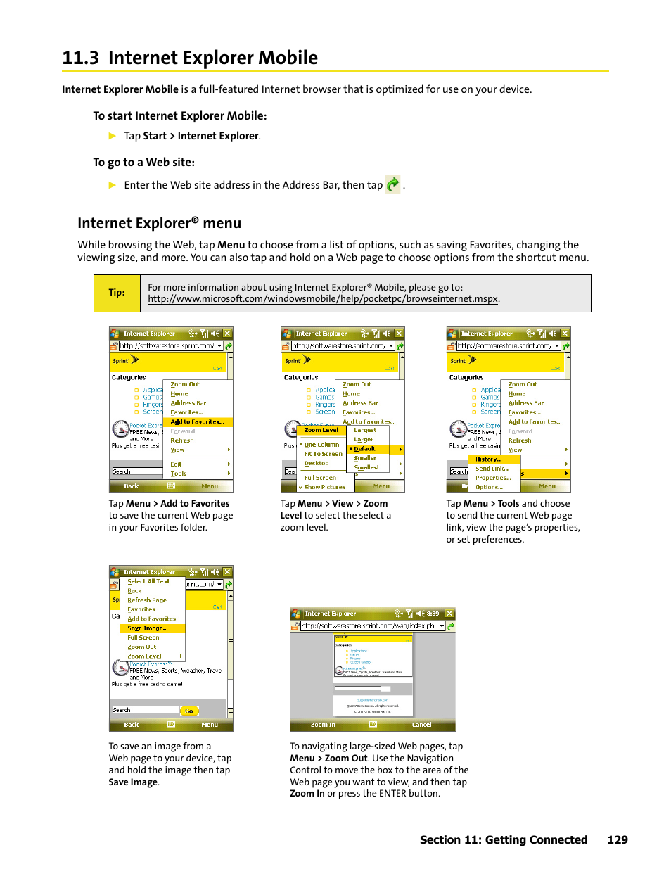 3 internet explorer mobile, Internet explorer® menu | HTC Mogul User Manual | Page 127 / 188