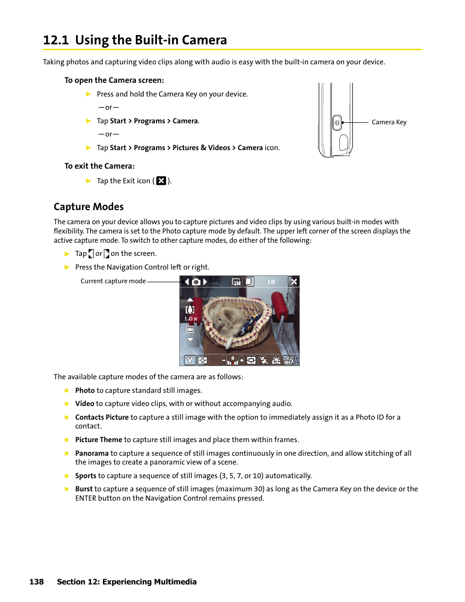 1 using the built-in camera, Capture modes | HTC Mogul User Manual | Page 136 / 188