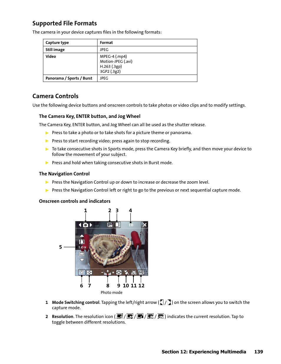 Supported file formats, Camera controls | HTC Mogul User Manual | Page 137 / 188