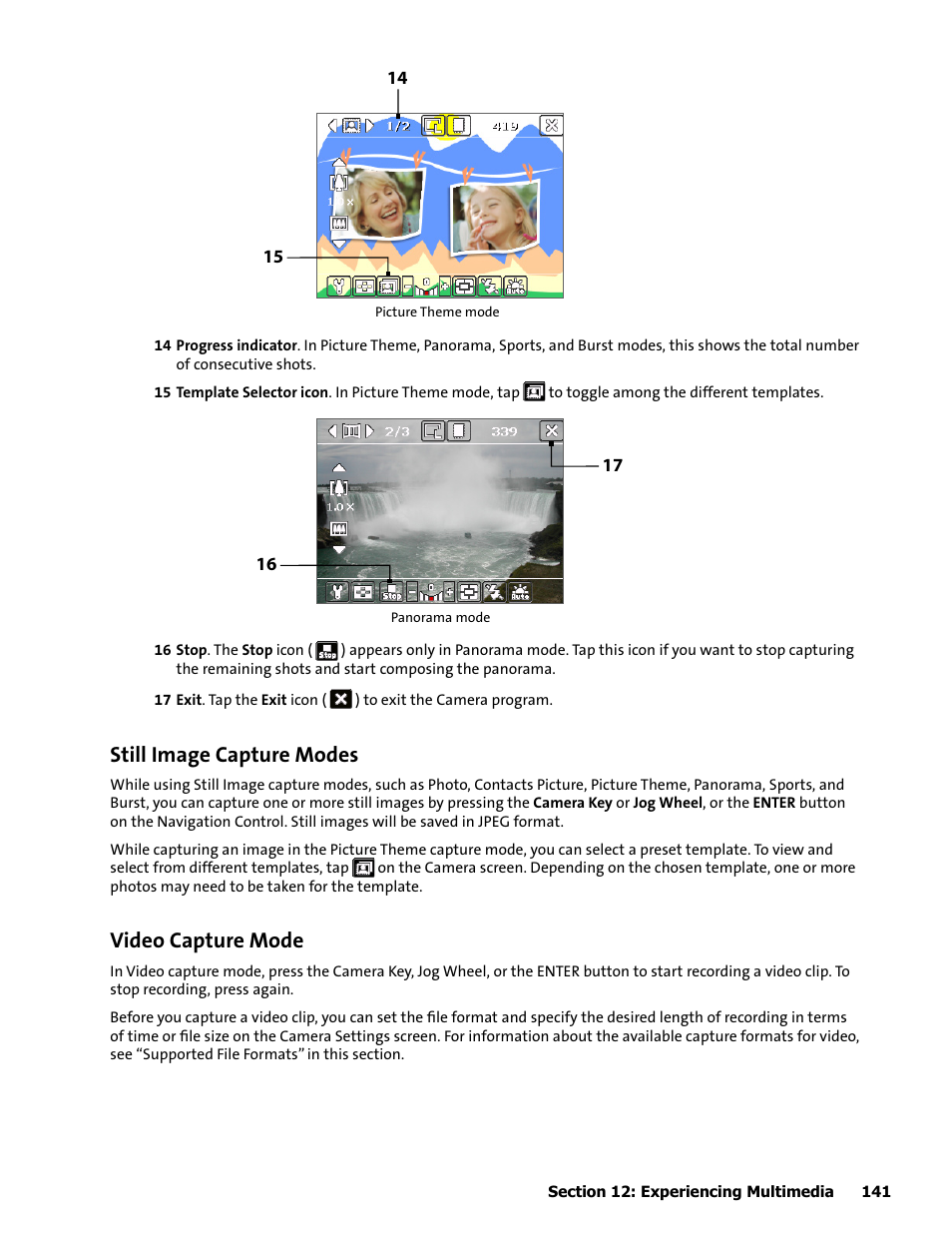 Still image capture modes, Video capture mode | HTC Mogul User Manual | Page 139 / 188