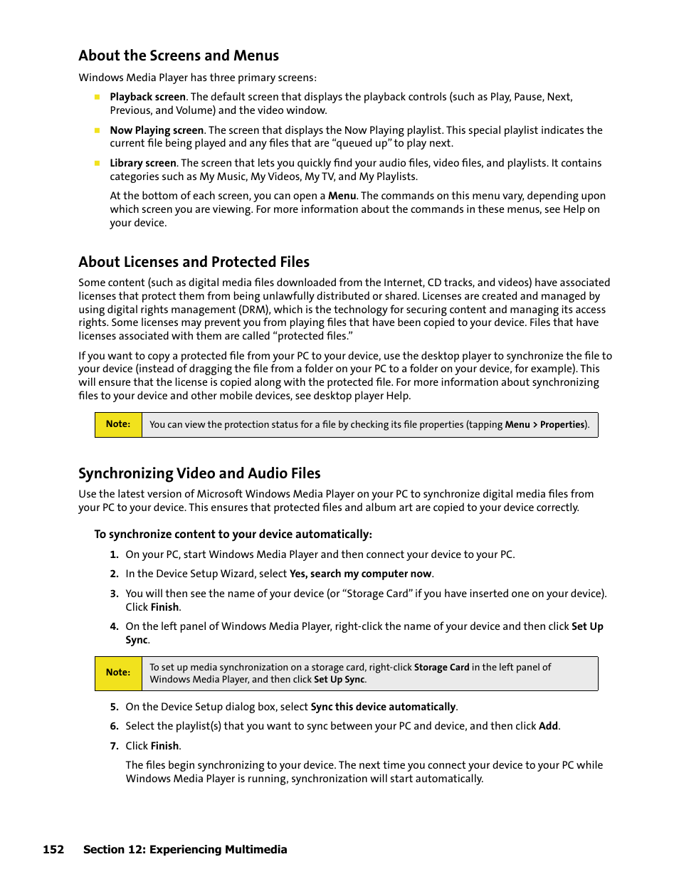 About the screens and menus, About licenses and protected files, Synchronizing video and audio files | HTC Mogul User Manual | Page 150 / 188