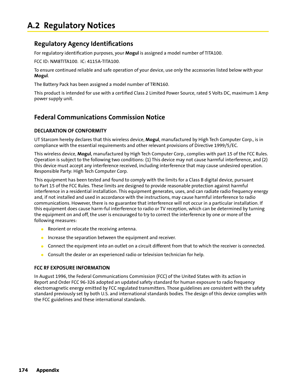 A.2 regulatory notices, Regulatory agency identiﬁcations, Federal communications commission notice | HTC Mogul User Manual | Page 170 / 188