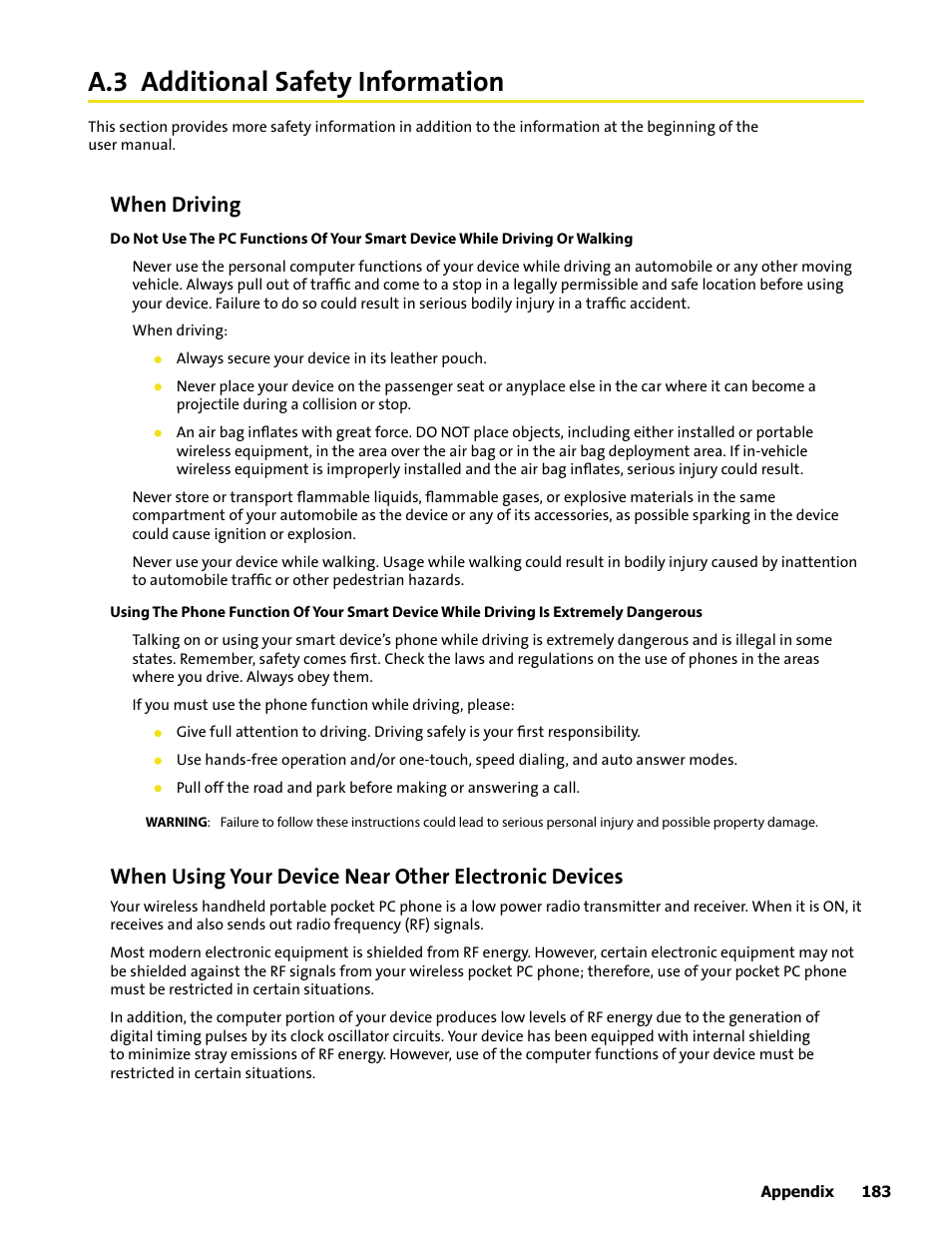 A.3 additional safety information, When driving | HTC Mogul User Manual | Page 179 / 188