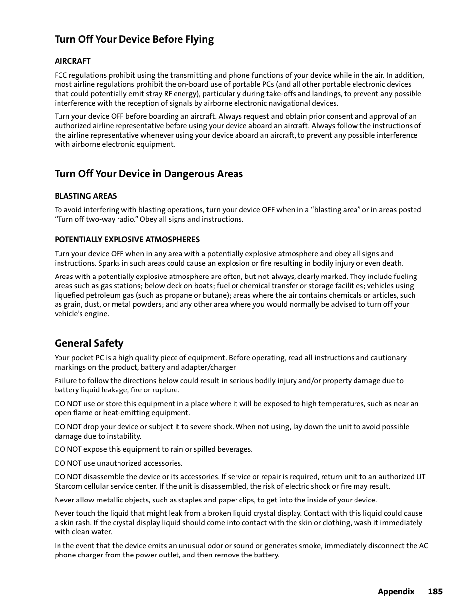 Turn off your device before flying, Turn off your device in dangerous areas, General safety | HTC Mogul User Manual | Page 181 / 188