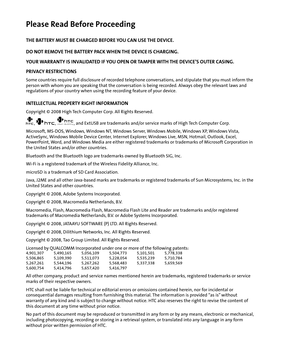 Please read before proceeding | HTC Mogul User Manual | Page 2 / 188