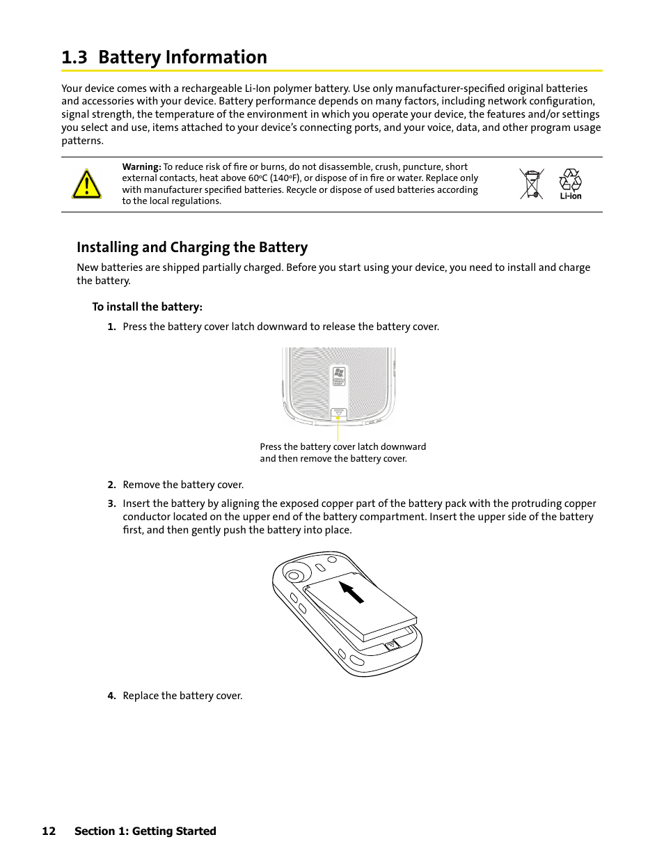 3 battery information, Installing and charging the battery | HTC Mogul User Manual | Page 20 / 188