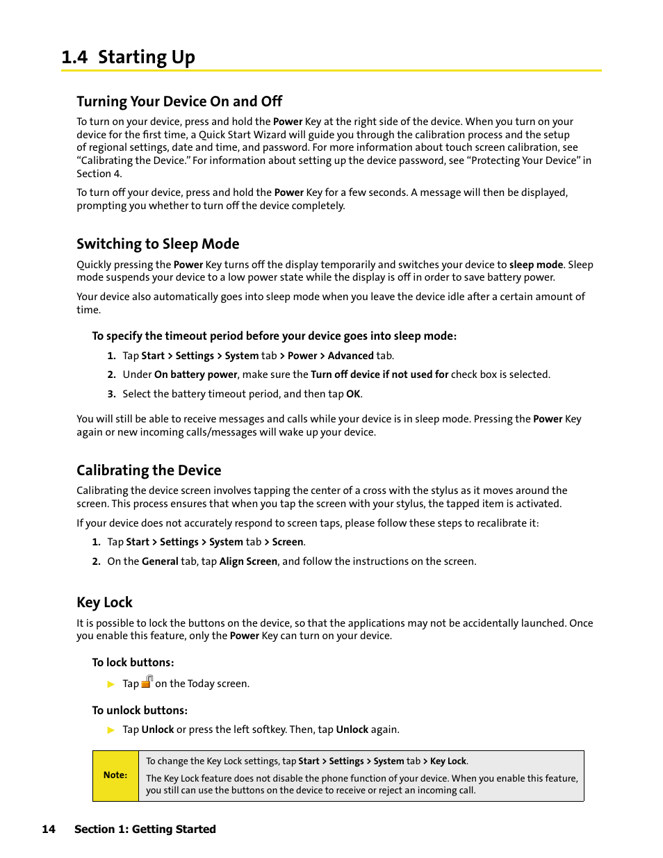 4 starting up, Turning your device on and off, Switching to sleep mode | Calibrating the device, Key lock | HTC Mogul User Manual | Page 22 / 188