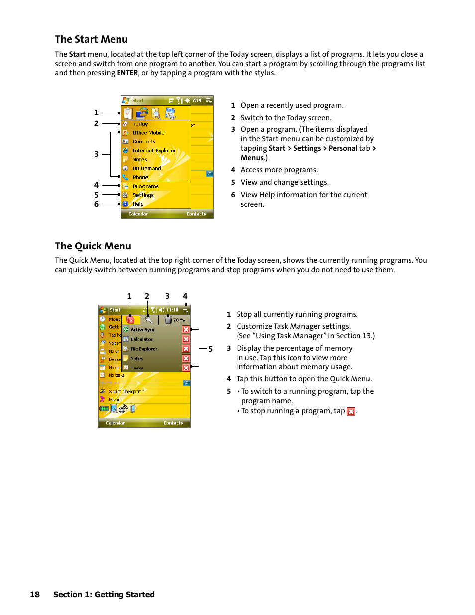 The start menu, The quick menu | HTC Mogul User Manual | Page 26 / 188