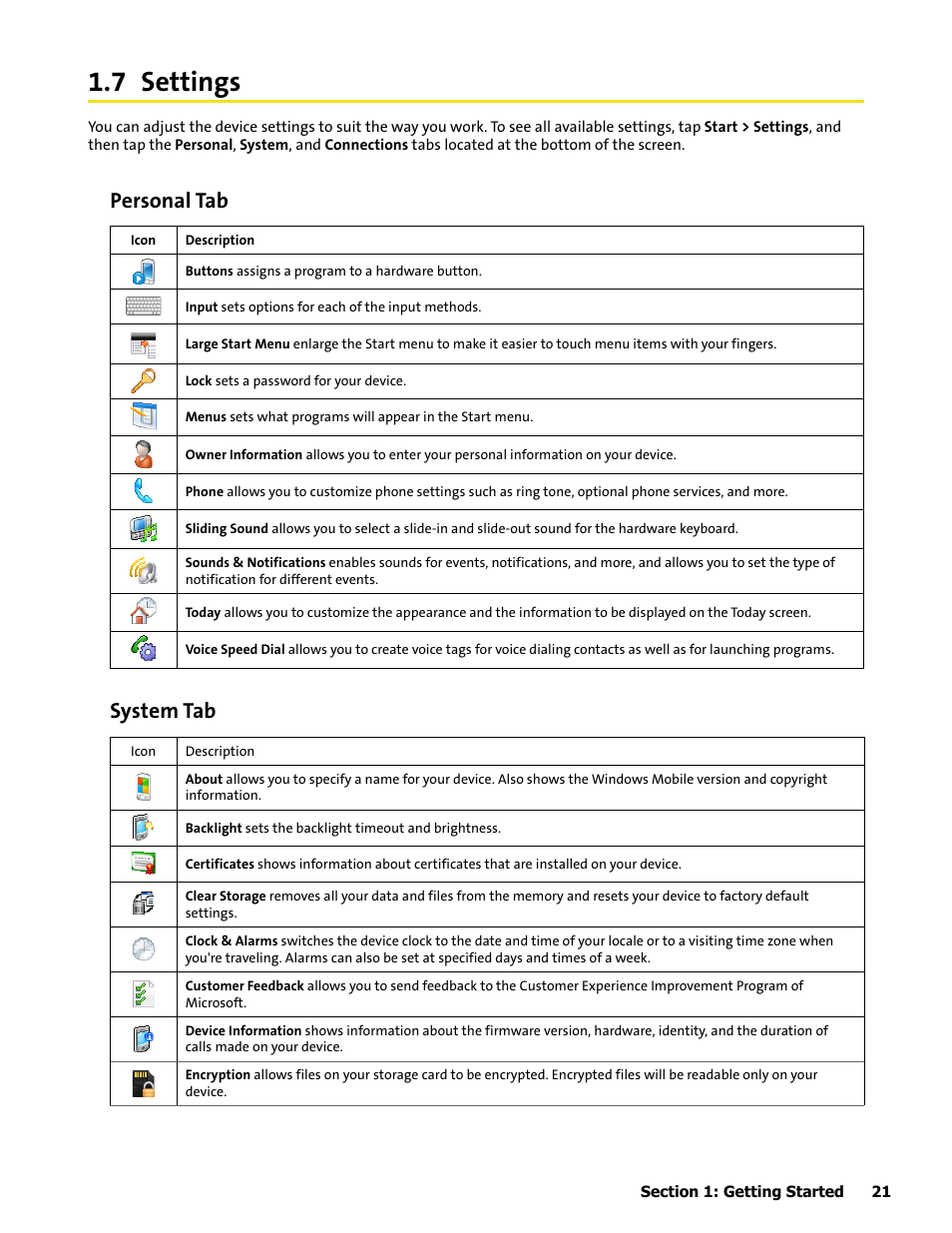 7 settings, Personal tab, System tab | HTC Mogul User Manual | Page 29 / 188