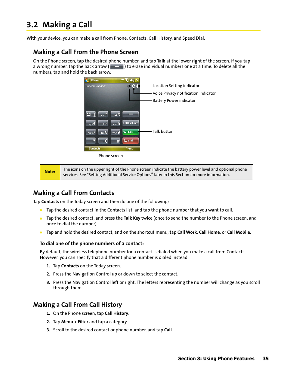 2 making a call, Making a call from the phone screen, Making a call from contacts | Making a call from call history | HTC Mogul User Manual | Page 43 / 188