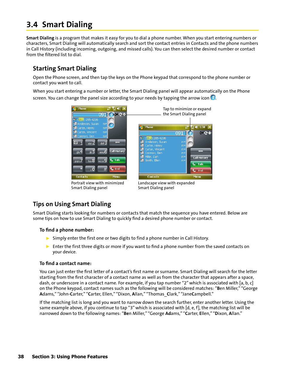 4 smart dialing, Starting smart dialing, Tips on using smart dialing | HTC Mogul User Manual | Page 46 / 188