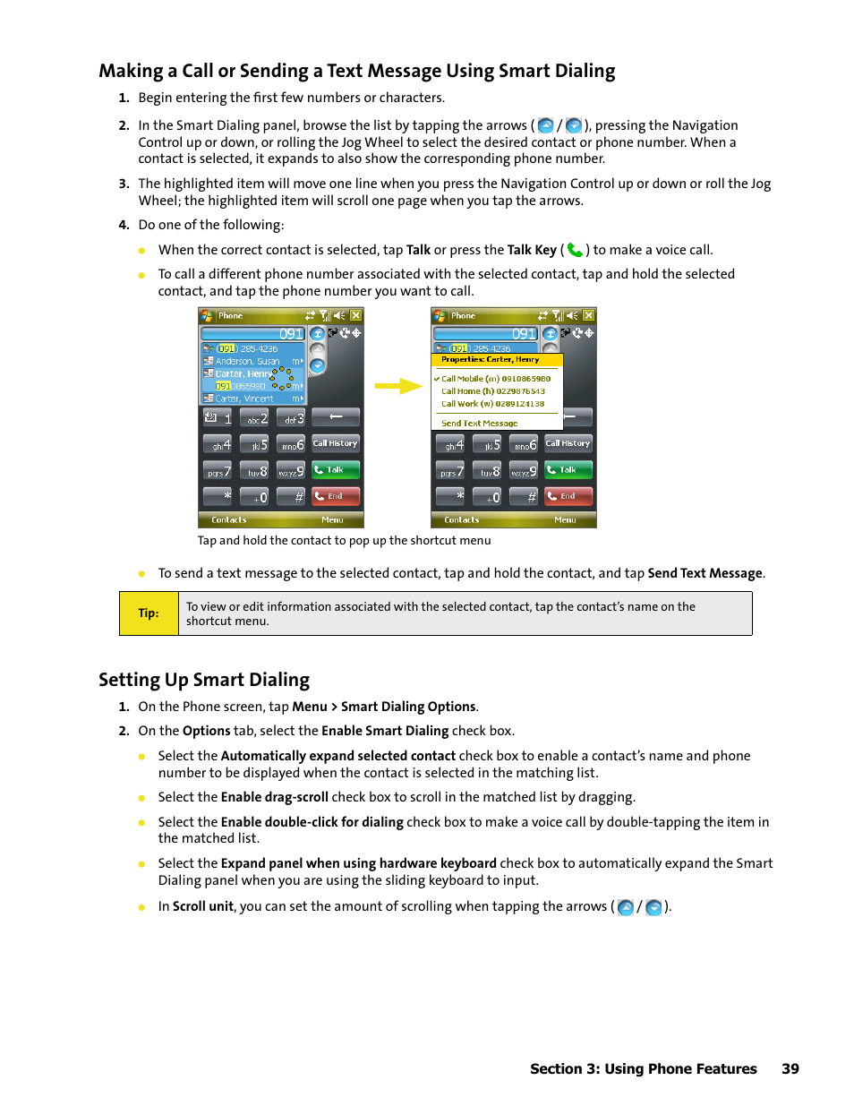 Setting up smart dialing | HTC Mogul User Manual | Page 47 / 188