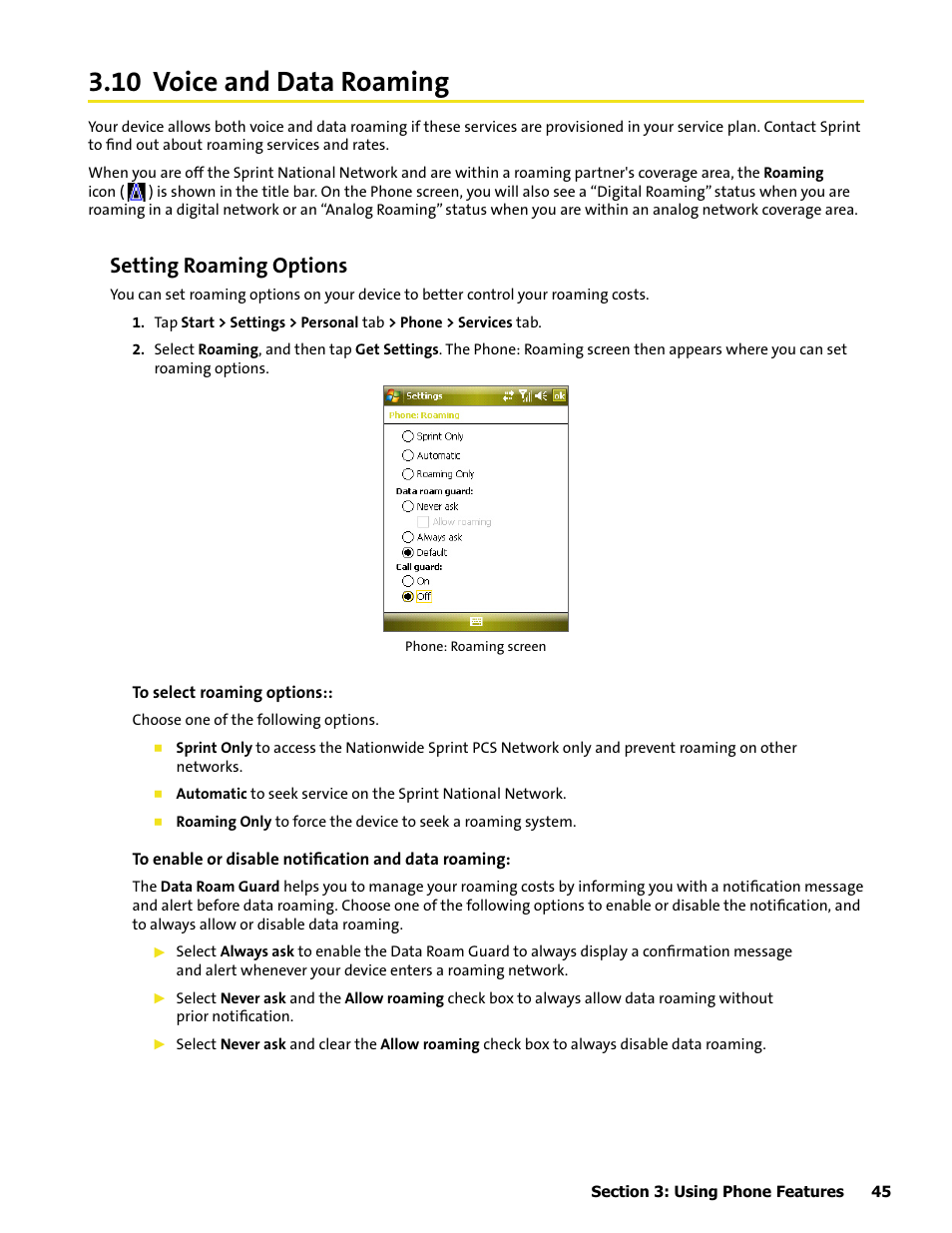 10 voice and data roaming, Setting roaming options | HTC Mogul User Manual | Page 53 / 188