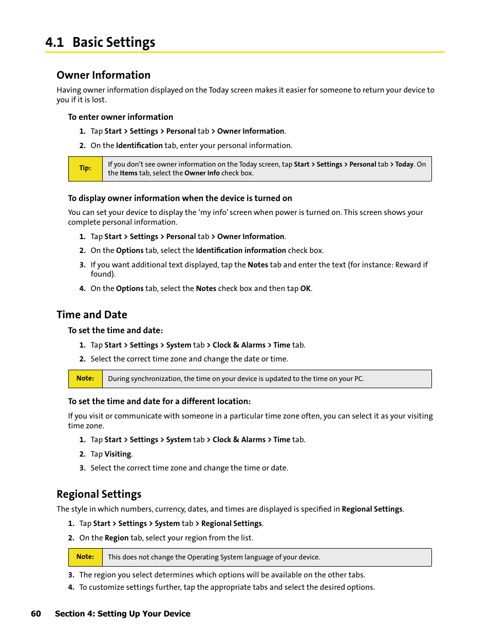 1 basic settings, Owner information, Time and date | Regional settings | HTC Mogul User Manual | Page 58 / 188