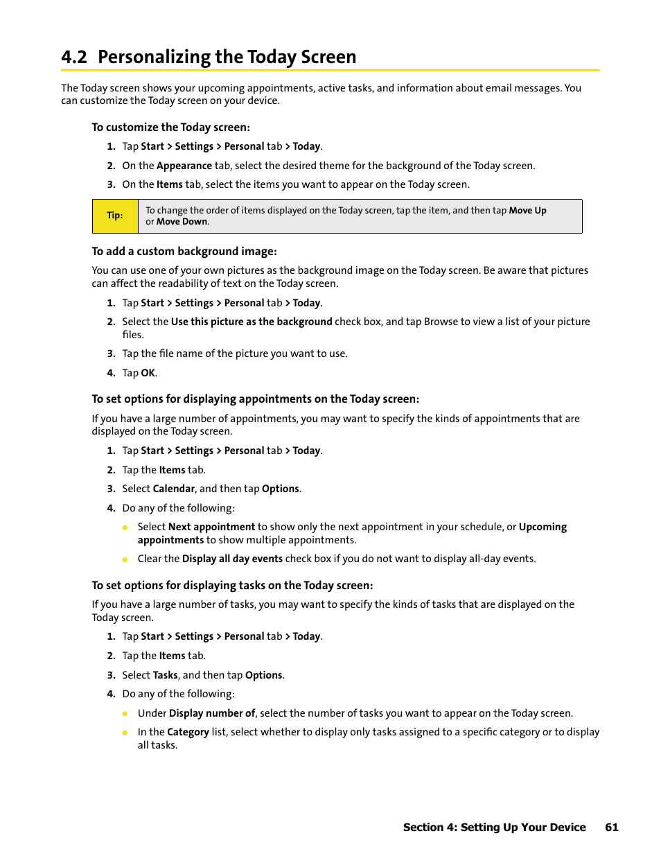 2 personalizing the today screen | HTC Mogul User Manual | Page 59 / 188