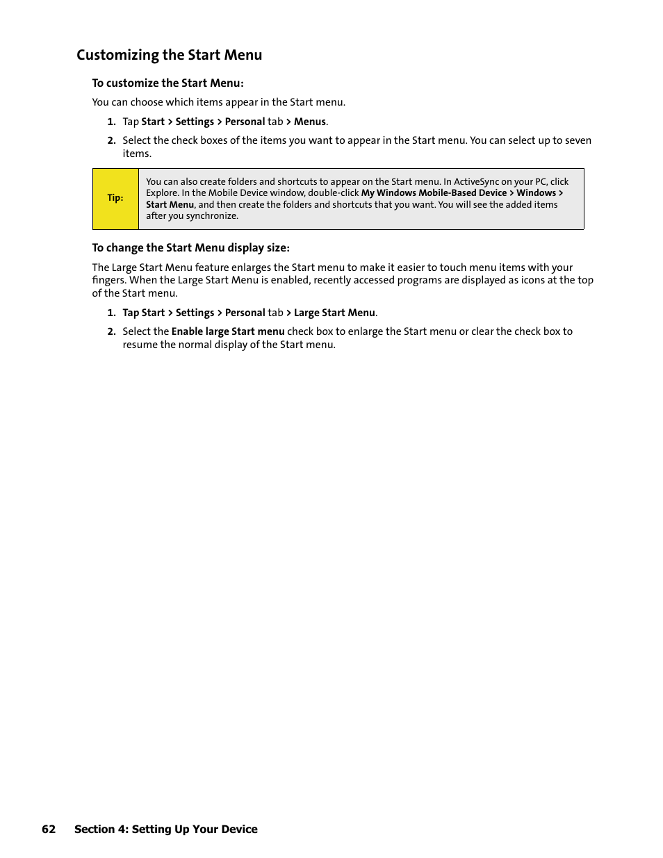 Customizing the start menu | HTC Mogul User Manual | Page 60 / 188