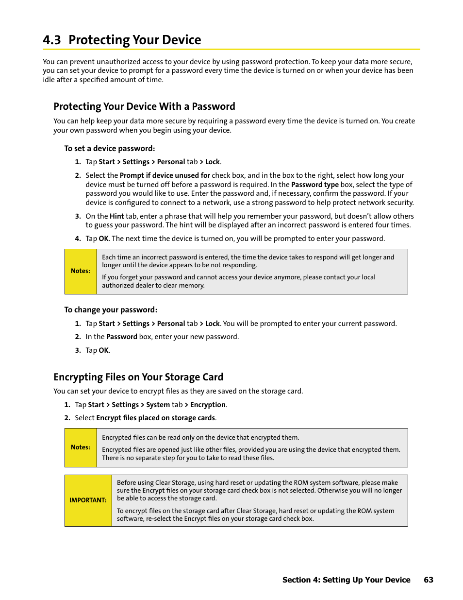 3 protecting your device, Protecting your device with a password, Encrypting files on your storage card | HTC Mogul User Manual | Page 61 / 188