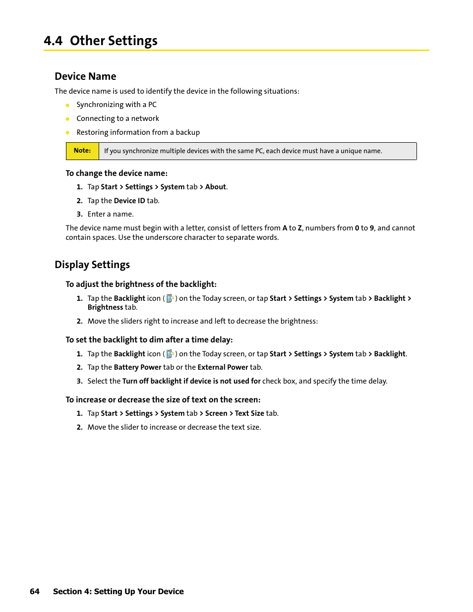 4 other settings, Device name, Display settings | HTC Mogul User Manual | Page 62 / 188