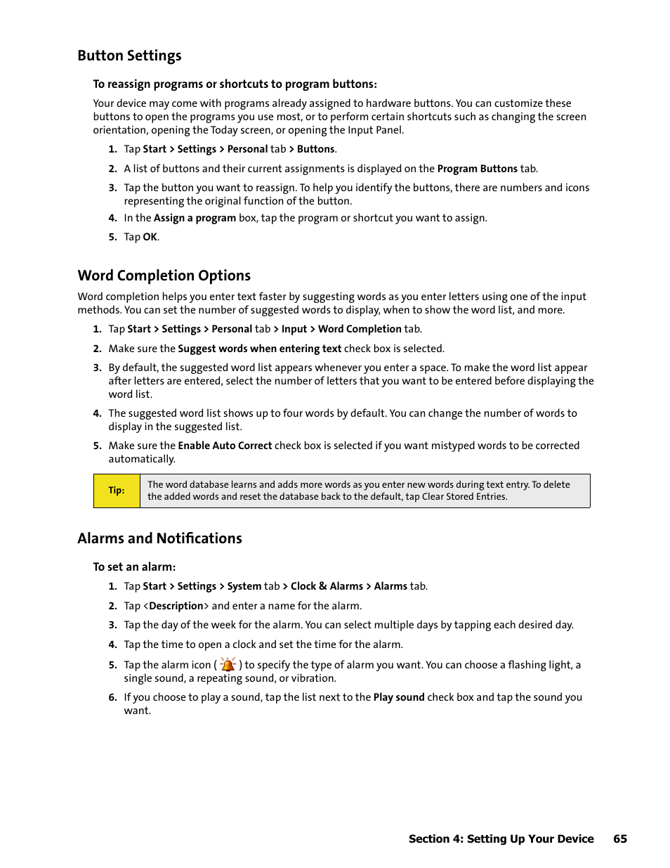 Button settings, Word completion options, Alarms and notiﬁcations | HTC Mogul User Manual | Page 63 / 188