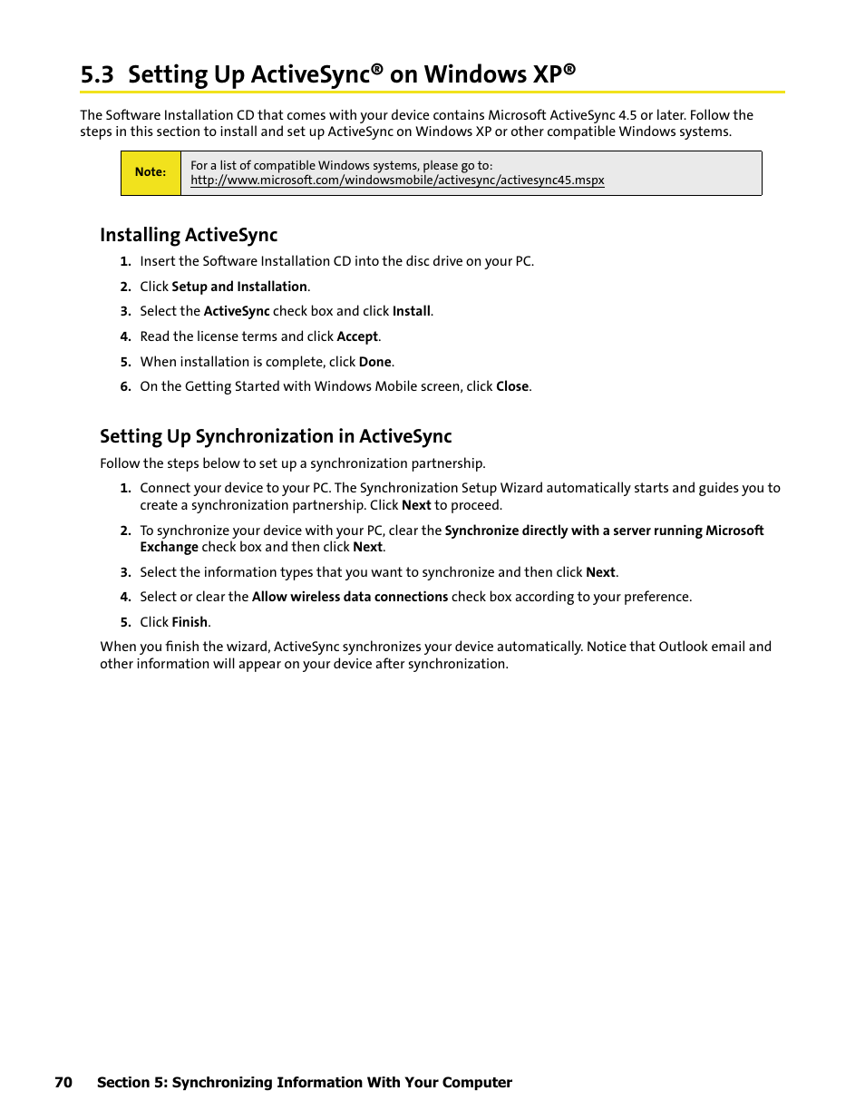3 setting up activesync® on windows xp, 2 setting up, 3 setting up ac | Installing activesync, Setting up synchronization in activesync | HTC Mogul User Manual | Page 68 / 188