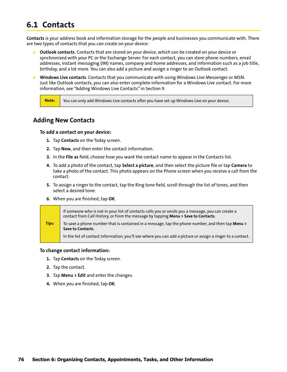 1 contacts, Adding new contacts | HTC Mogul User Manual | Page 74 / 188