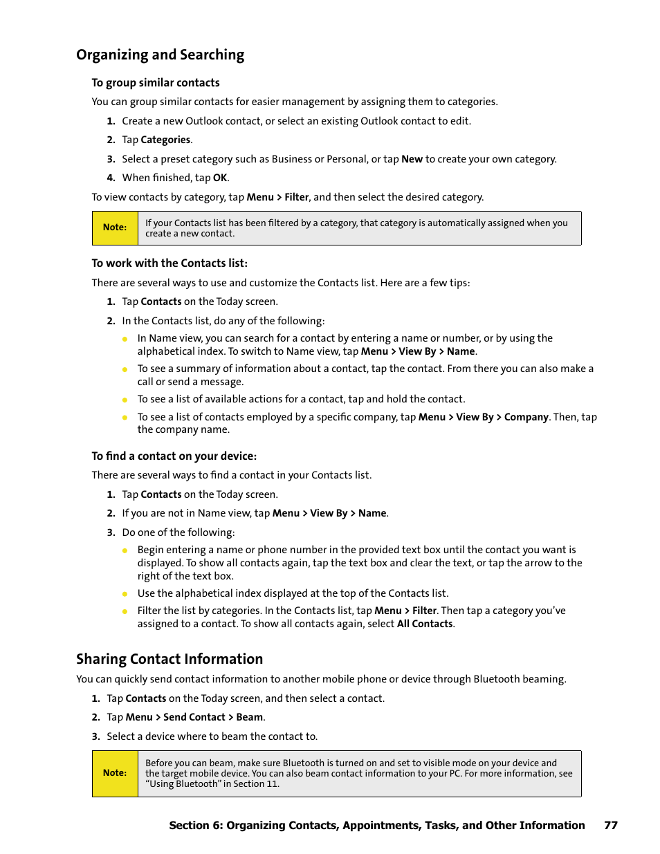 Organizing and searching, Sharing contact information | HTC Mogul User Manual | Page 75 / 188