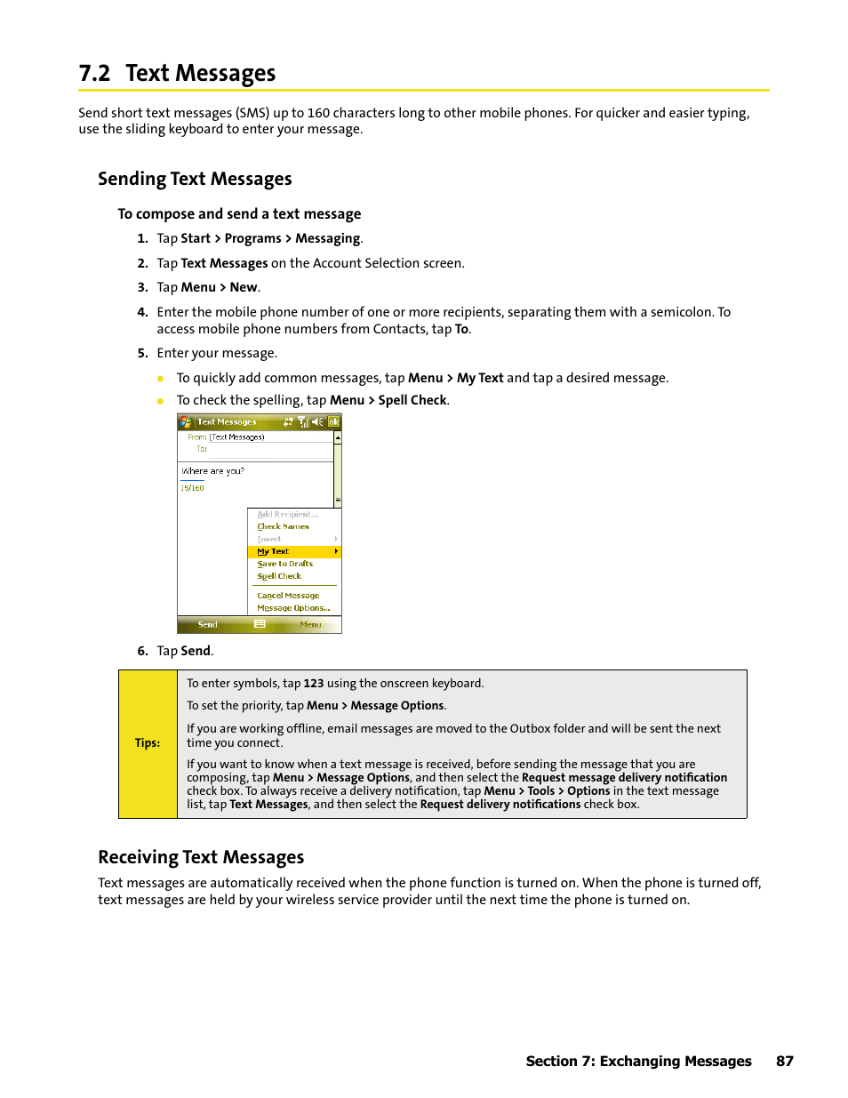 2 text messages, Sending text messages, Receiving text messages | HTC Mogul User Manual | Page 85 / 188