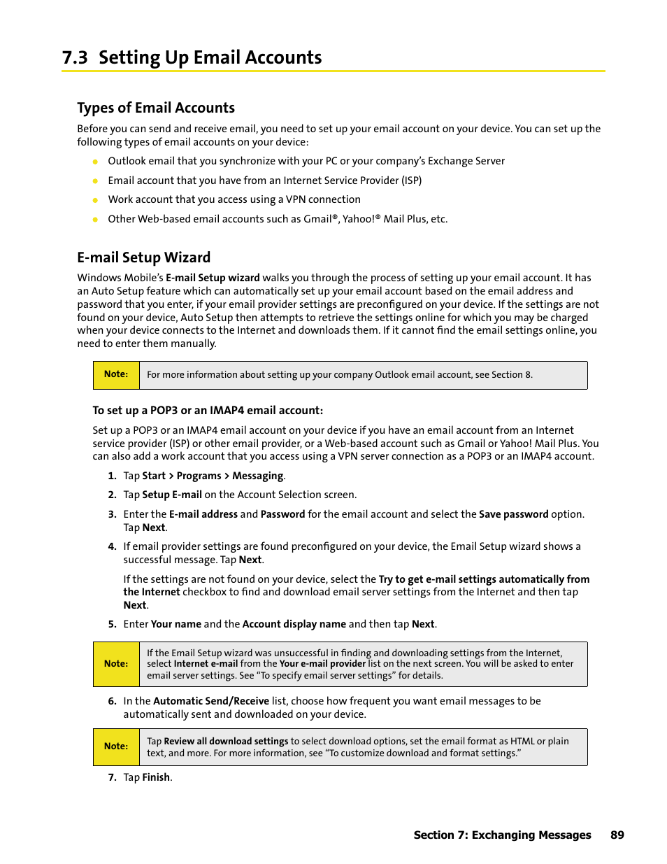 3 setting up email accounts, Types of email accounts, E-mail setup wizard | HTC Mogul User Manual | Page 87 / 188