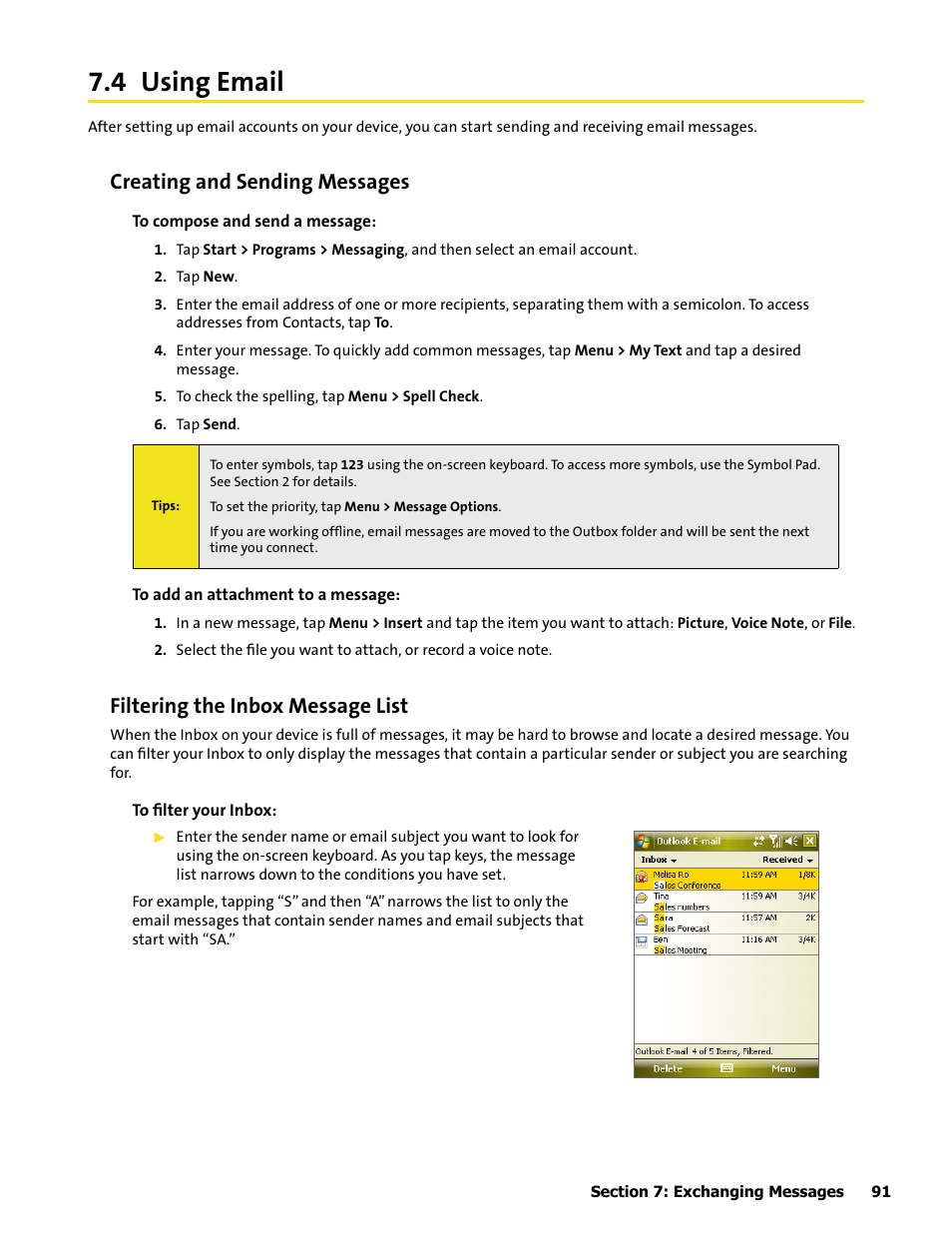 4 using email, Creating and sending messages, Filtering the inbox message list | HTC Mogul User Manual | Page 89 / 188