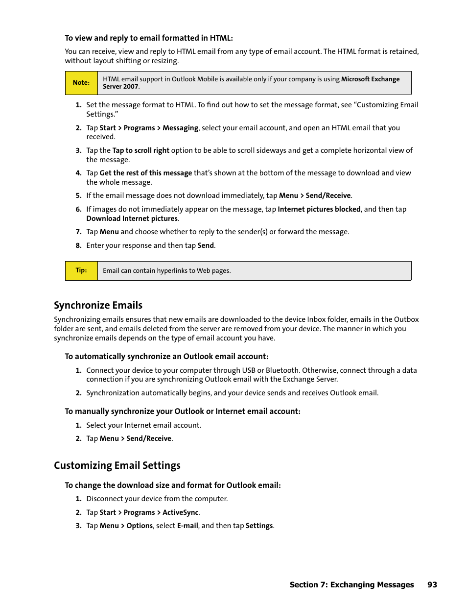 Synchronize emails, Customizing email settings | HTC Mogul User Manual | Page 91 / 188