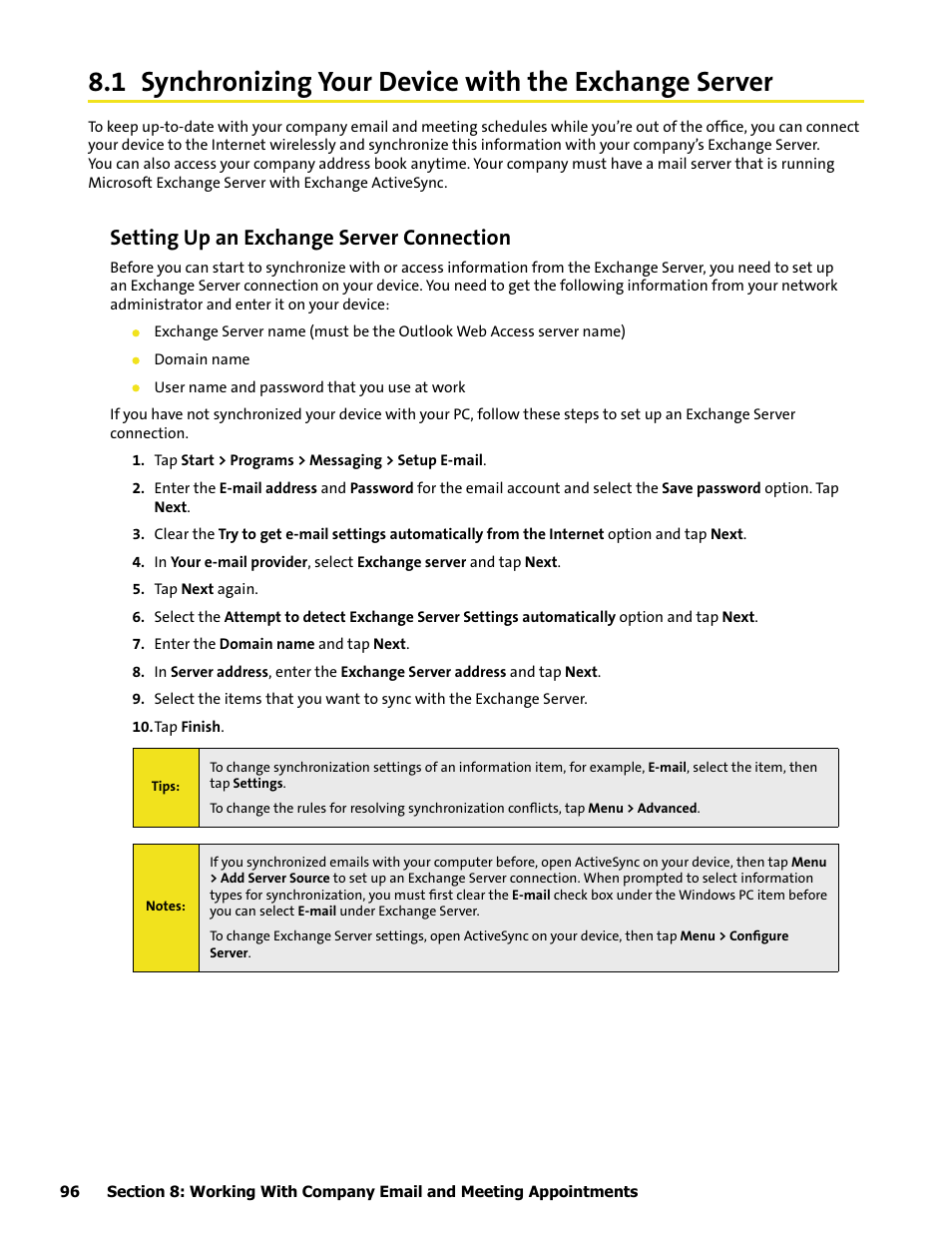 Setting up an exchange server connection | HTC Mogul User Manual | Page 94 / 188
