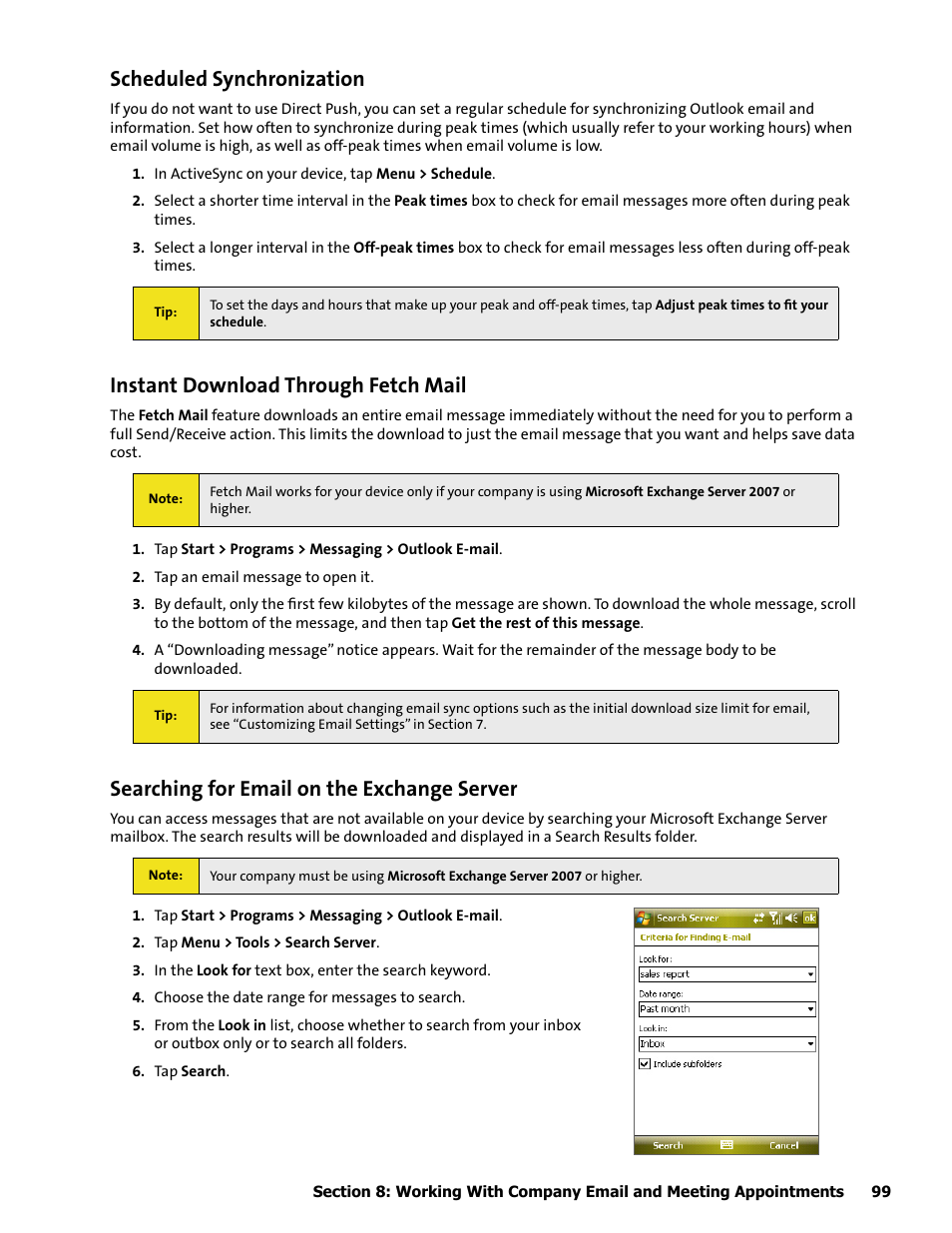 Scheduled synchronization, Instant download through fetch mail, Searching for email on the exchange server | HTC Mogul User Manual | Page 97 / 188