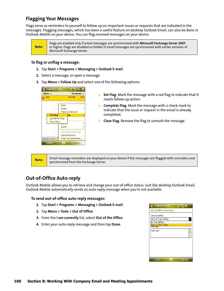 Flagging your messages, Out-of-ofﬁce auto-reply | HTC Mogul User Manual | Page 98 / 188