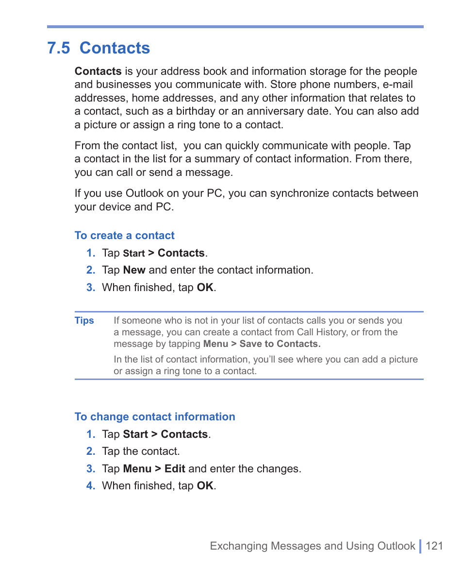 5 contacts | HTC WIZA100 User Manual | Page 121 / 192
