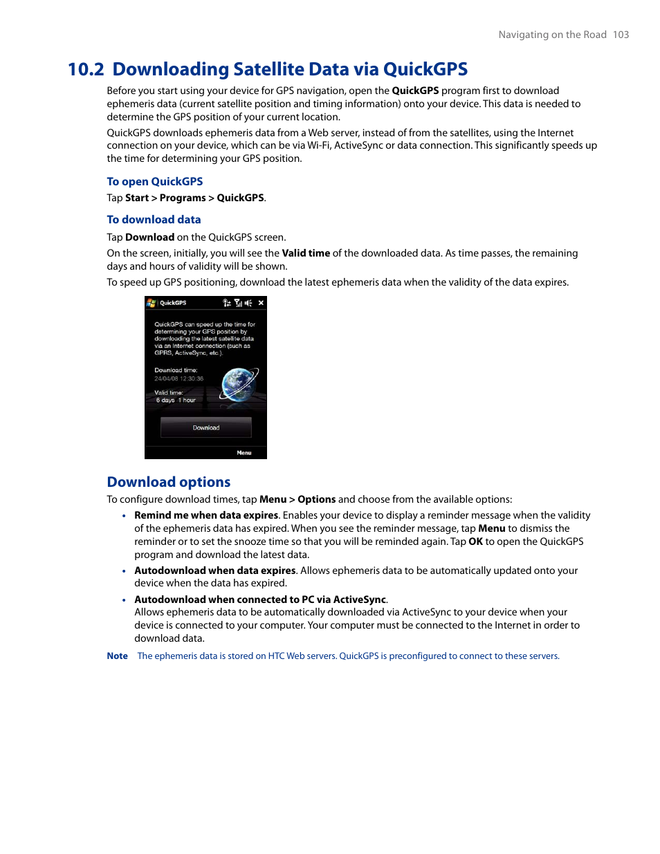 2 downloading satellite data via quickgps, Download options, 2 downloading satellite data | Via quickgps | HTC AM171 User Manual | Page 103 / 158