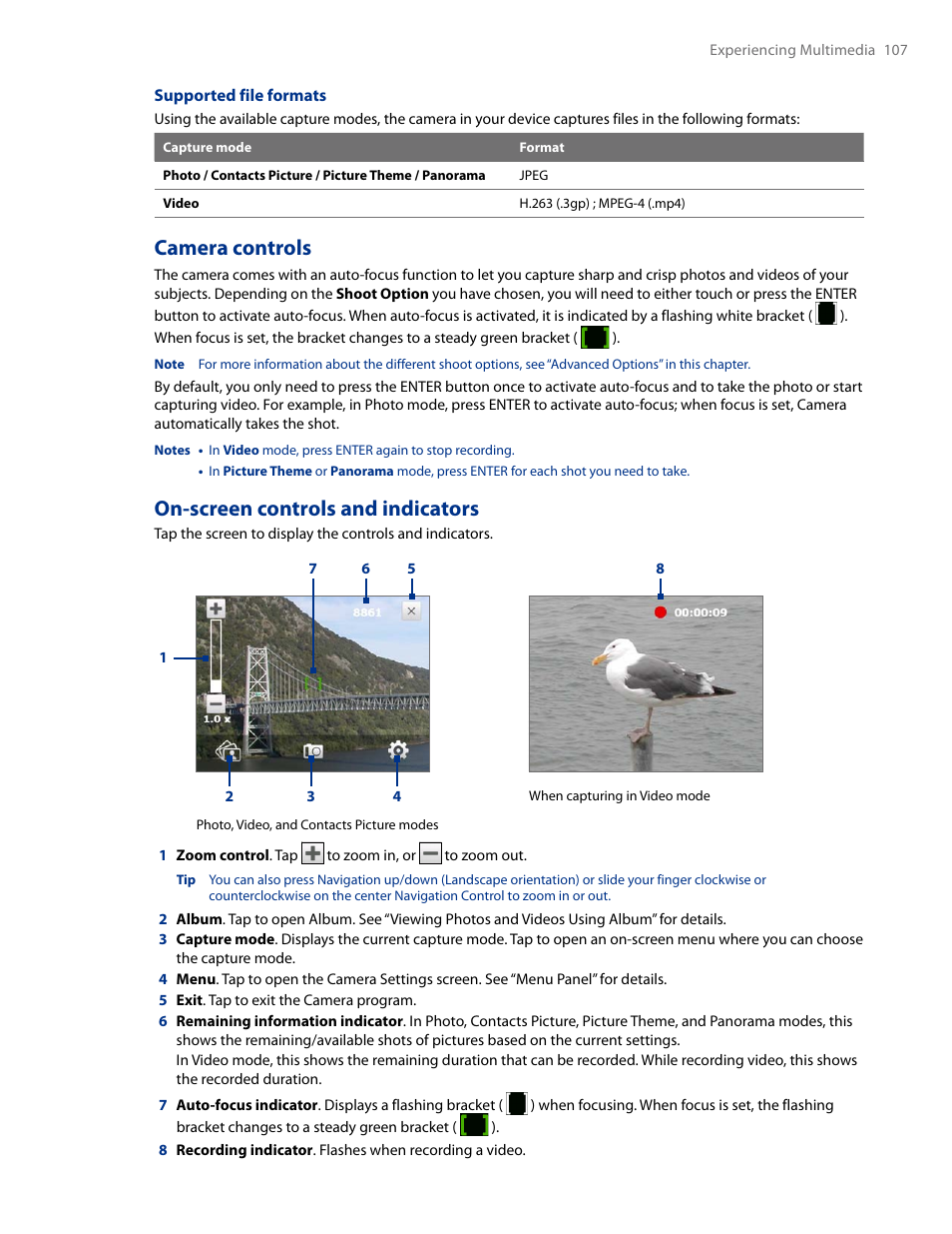 Camera controls, On-screen controls and indicators | HTC AM171 User Manual | Page 107 / 158