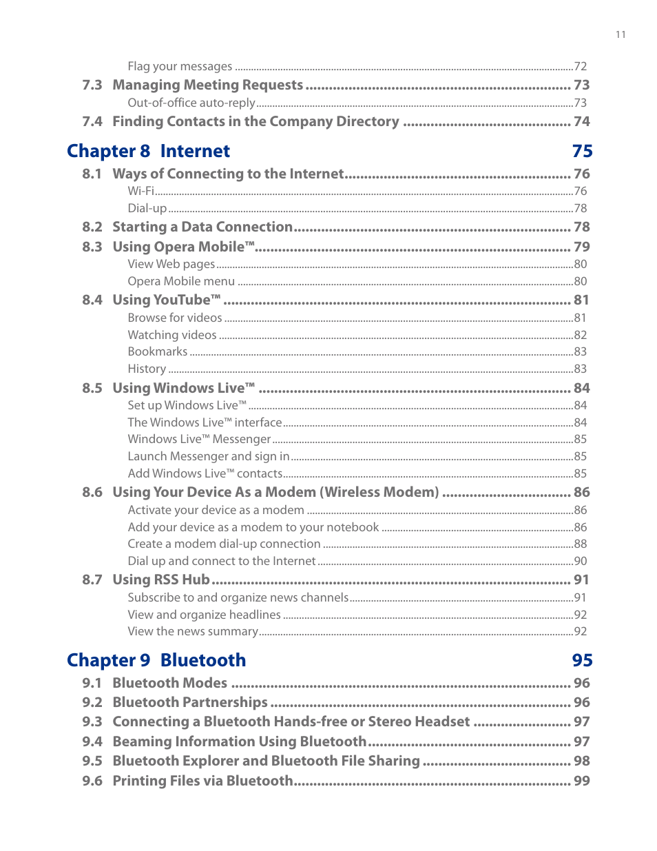 Chapter 8 internet 75, Chapter 9 bluetooth 95 | HTC AM171 User Manual | Page 11 / 158