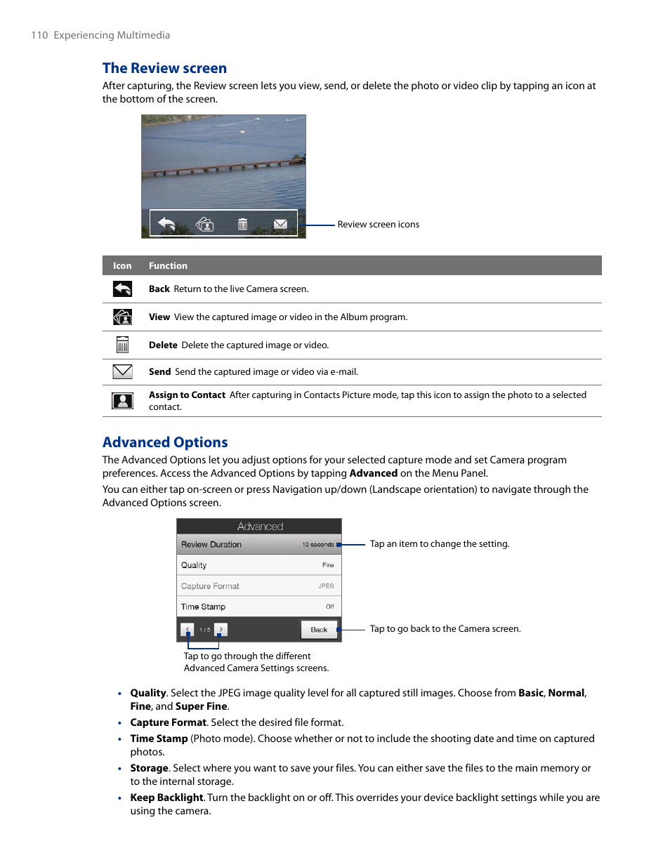 The review screen advanced options, The review screen, Advanced options | HTC AM171 User Manual | Page 110 / 158