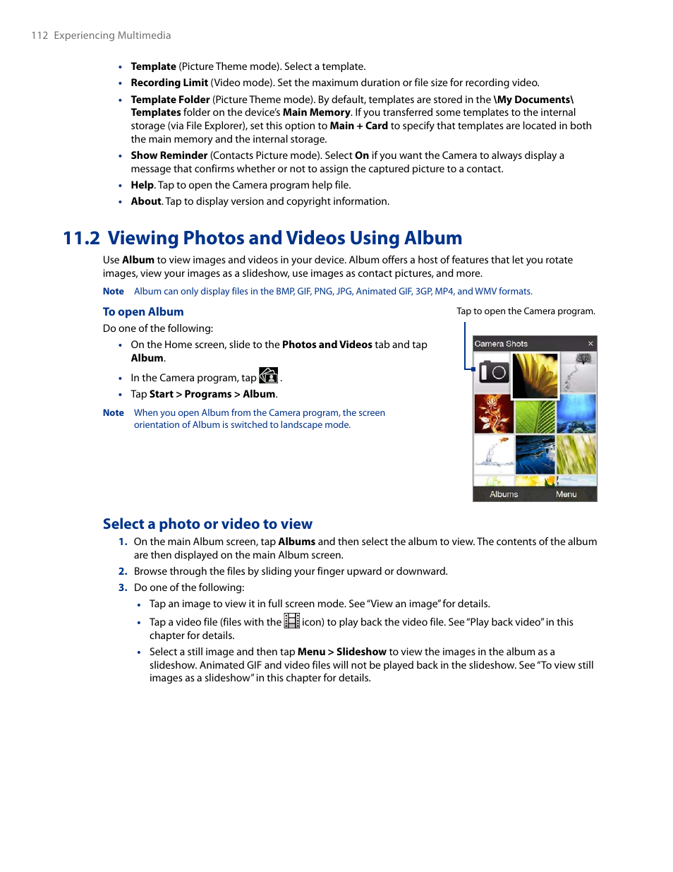 2 viewing photos and videos using album, Select a photo or video to view | HTC AM171 User Manual | Page 112 / 158