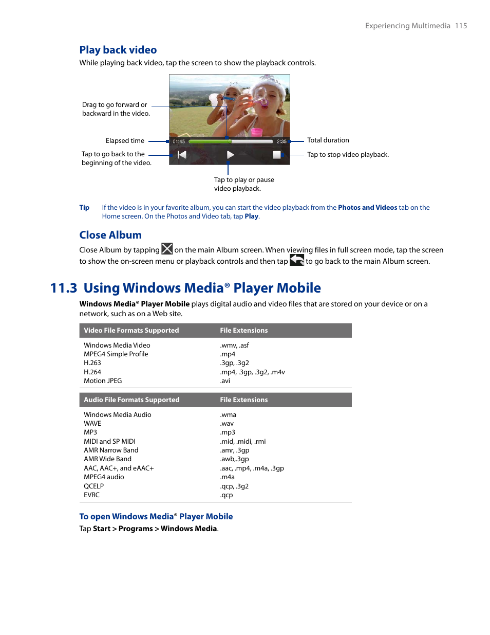 3 using windows media® player mobile, Play back video close album, Play back video | Close album | HTC AM171 User Manual | Page 115 / 158